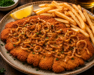 Pork schnitzel with crispy ognion